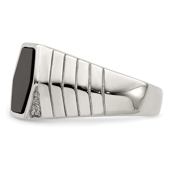 925 Sterling Silver Genuine Fine Jewelry Rhodium-plated Men'sCZ & Onyx Ring